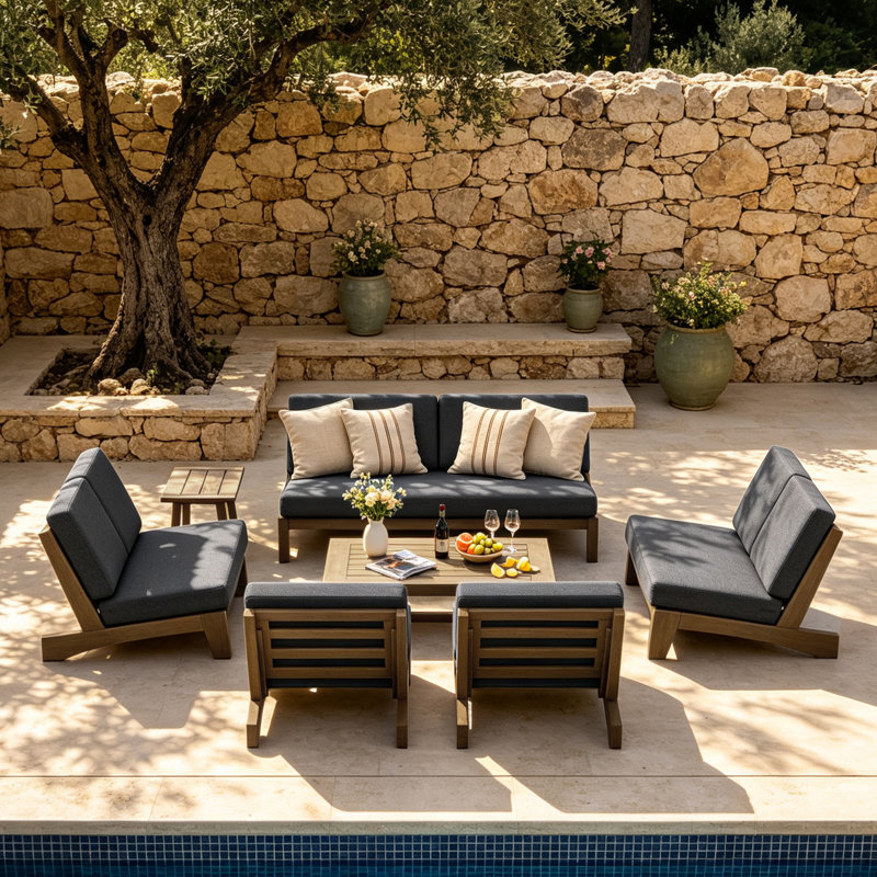 Ensemble de conversation Polett, 7 pièces: 2 tables, 2 causeuses, 2 chaises, canap, Gris foncé, Brun