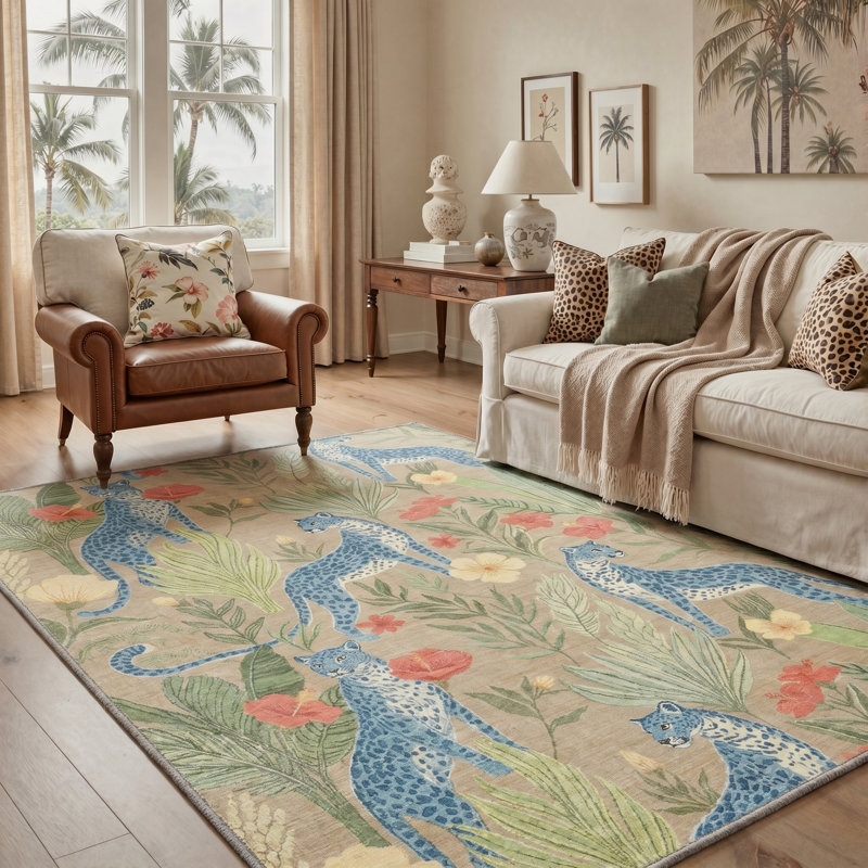 Tapis d'intérieur bleu / vert lavable à la machine avec envers antidérapant Abraham Verdure, Rectangle 9 pi x 12 pi