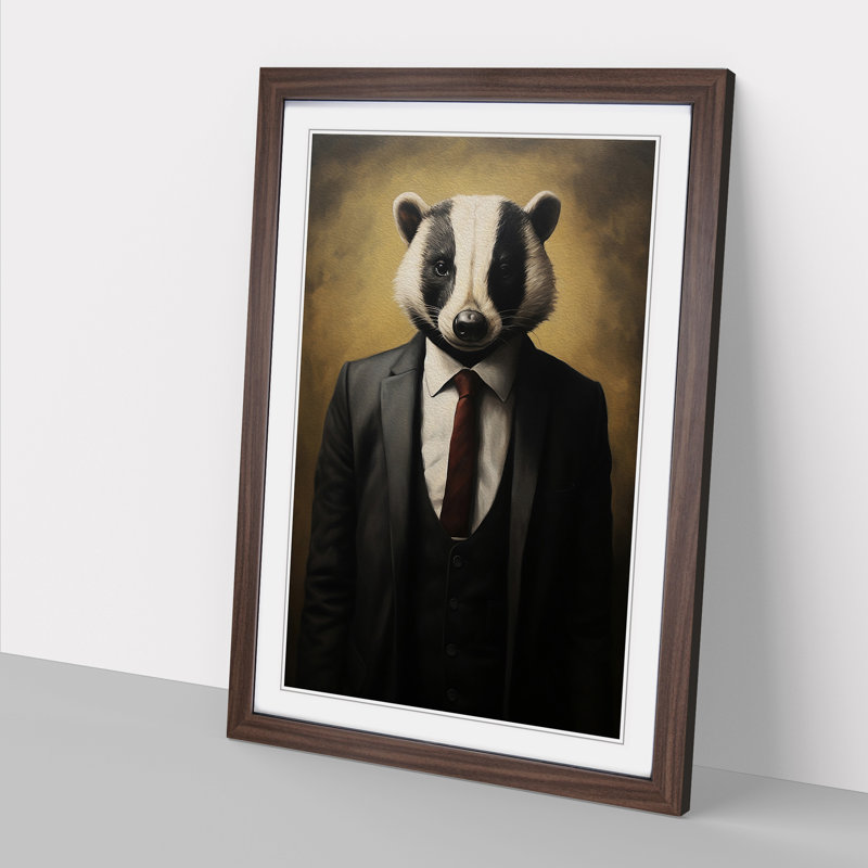 Badger In A Suit - Single Picture Frame Print on Wood, Walnut Framed, 64cm H x 46cm W x 2cm D