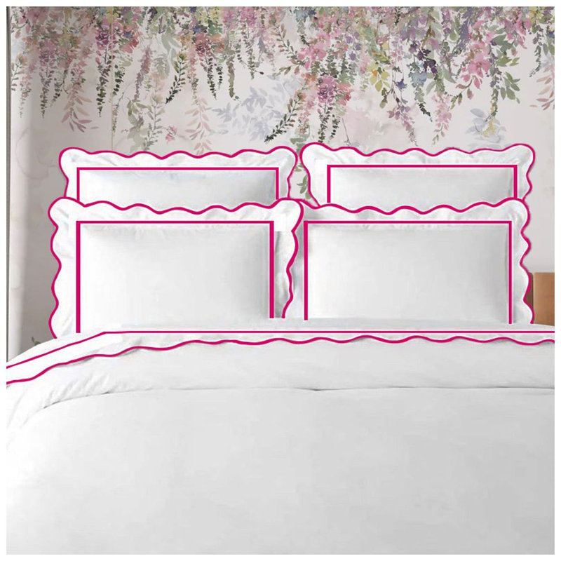 400TC Cotton Scallop Embroidery & Border Sateen Solid Duvet Cover Set, California King/King Duvet Cover, White/Hot Pink