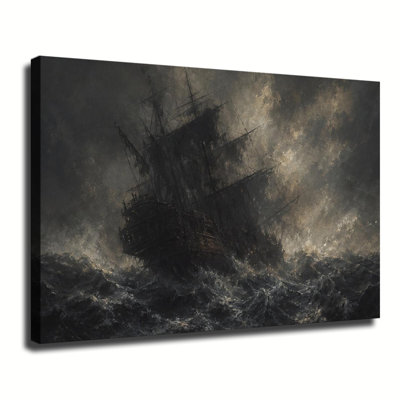 Bateau fantôme pirate naviguant en mer agitée - Peinture à l'huile sur toile, style fantastique vintage sombre