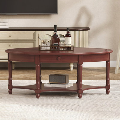 Vintage Oval Coffee Table with Drawer and Storage Shelf, Antique Cocktail Table in 45", French Country Accent Table for Living Room, Cherry