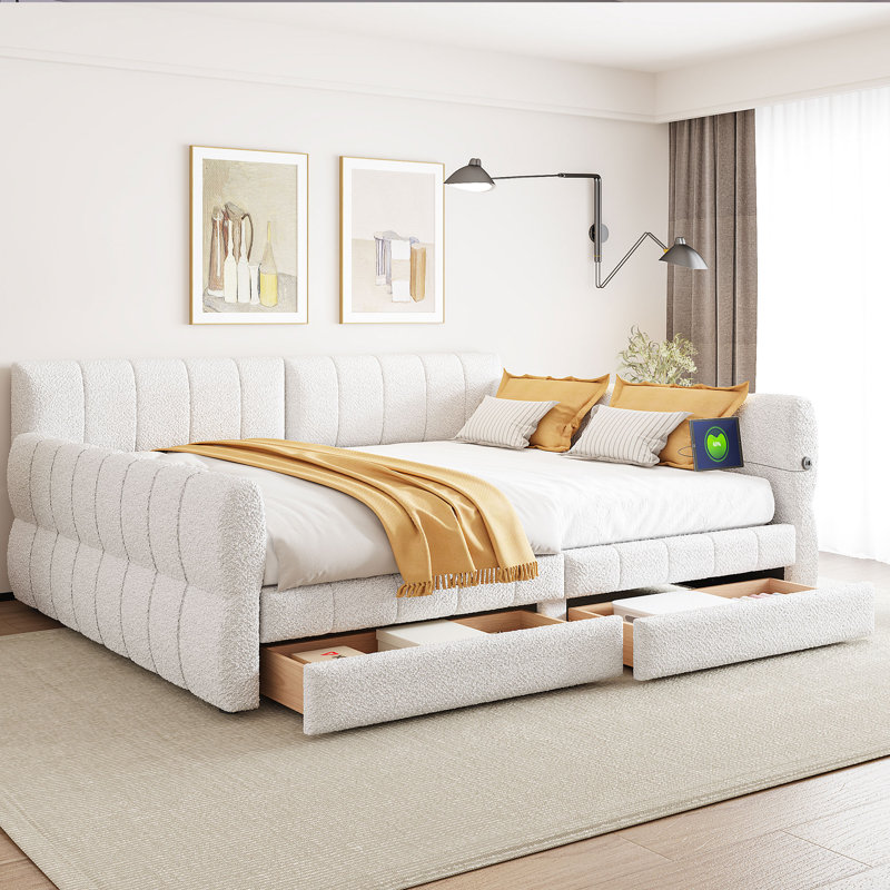 King Size Upholstered Platform Bed with USB, 2 Storage Drawers, Lambswool, No Box Spring, White, White