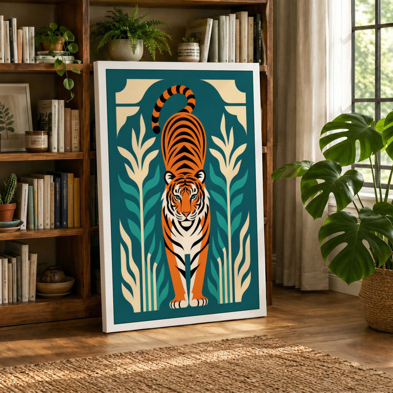 Tiger in Symmetry Art Deco - Wrapped Canvas, 30x20 - 76.2 x 50.8 cm, Teal Border