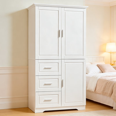 Cette armoire de rangement verticale blanche de grande capacité est dotée de portes et de trois tiroirs, convenant aux salles de bain et aux bureaux, offrant un rangement soigné et pratique.