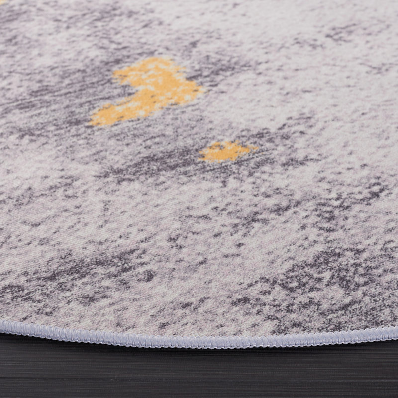 Tacoma Slate Machine Washable Area Rug In Grey & Gold, Round 122cm