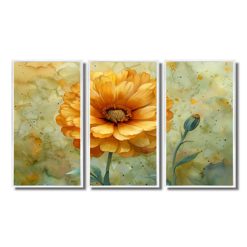 Jaune jaune vert Tender Bloom Marigold - ensemble d'art mural souci, Toile encadrée flottée blanche