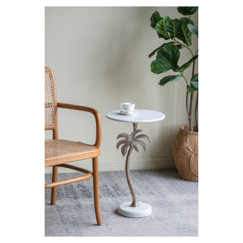 Table d'appoint ronde avec plateau en marbre blanc et base palmier doré, 14 po x 14 po x 24 po