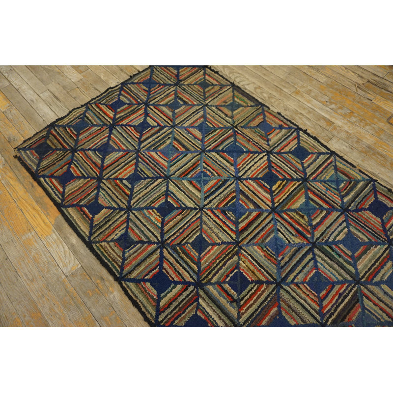 Antique Grid Log Cabin Folk Art Pattern Colorful American Hooked Rug