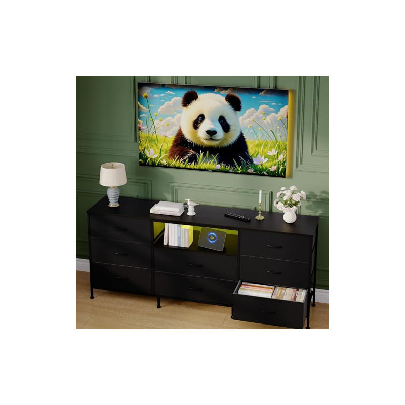63" w LED TV Stand Dresser with 8 Fabric Drawers, Dressers & Chests of Drawers TV Stand with Storage for 65", 70", 75" TV, Steel Frame & LED Lighting
