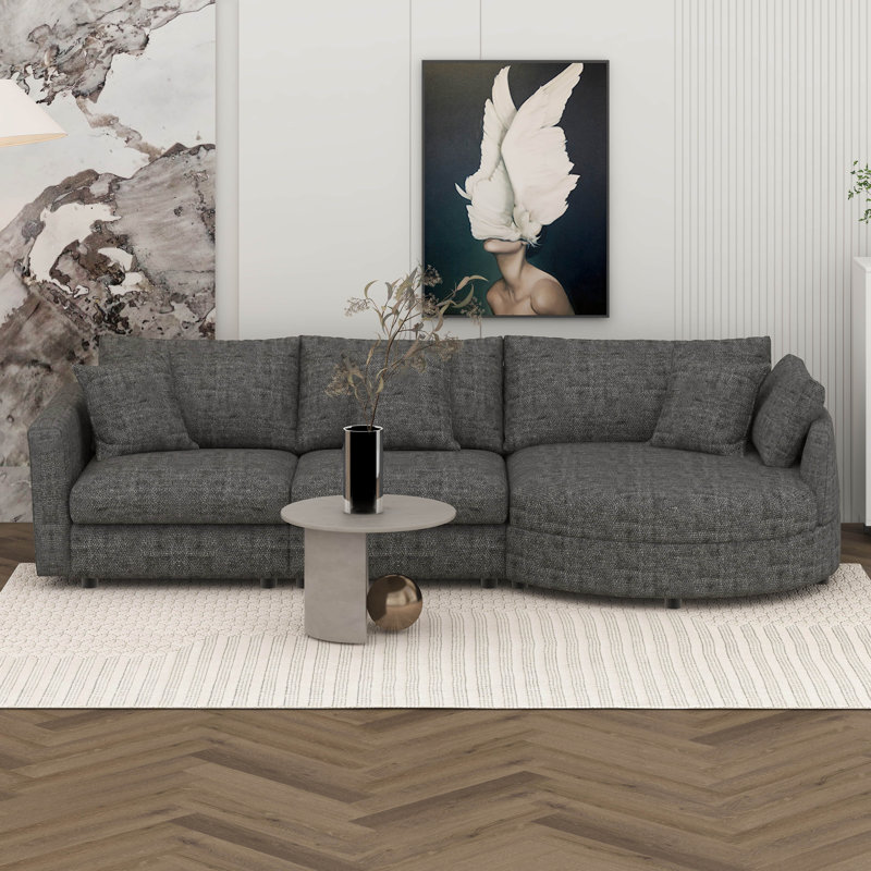 105" Modern Curved Chaise Sectional Sofa, Soft Chenille Fabric, Pine Wood Frame, 3-Piece Sectional Sofa With 3 Throw Pillows