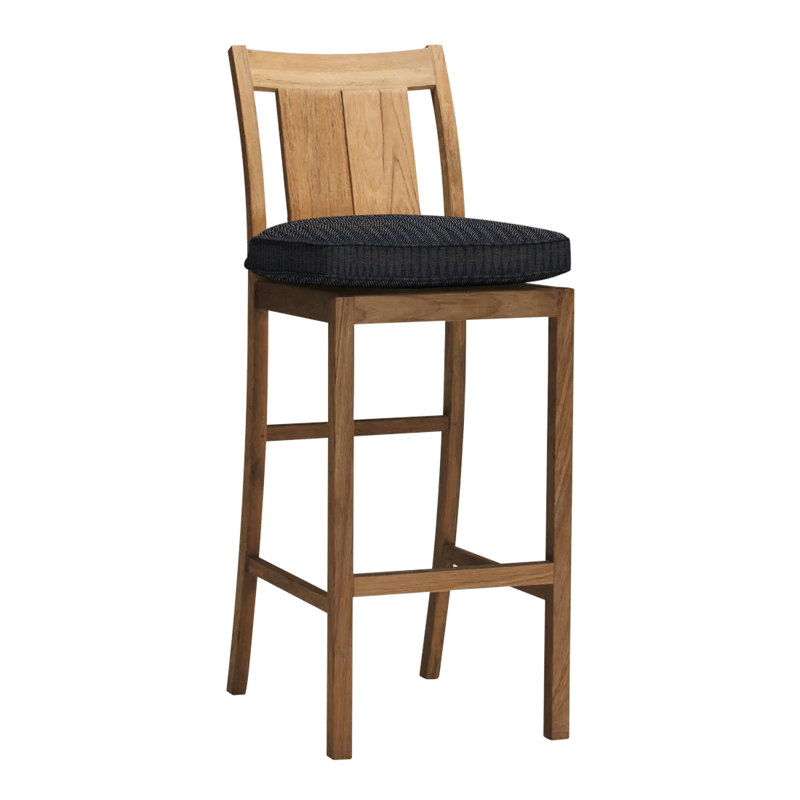 Croquet 24.5" Patio Bar Stool with Cushion, Welt, Natural Teak, Indigo Velvet