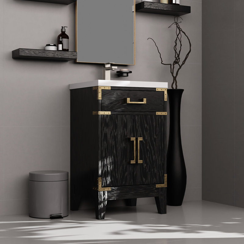 Meuble-lavabo simple avec miroir de 45,7 cm (18 po), comptoir en chêne noir de 50,8 cm (20 po) de largeur, système de fermeture amortie et espace de rangement.