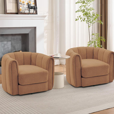 Fauteuil d'appoint pivotant à 360 ° 2 pièces Mid-Century. Fauteuil moelleux en molleton rond avec dossier baquet rayé. Coussin en mousse haute densité pour le salon. Coin chambre et bureau. Brun
