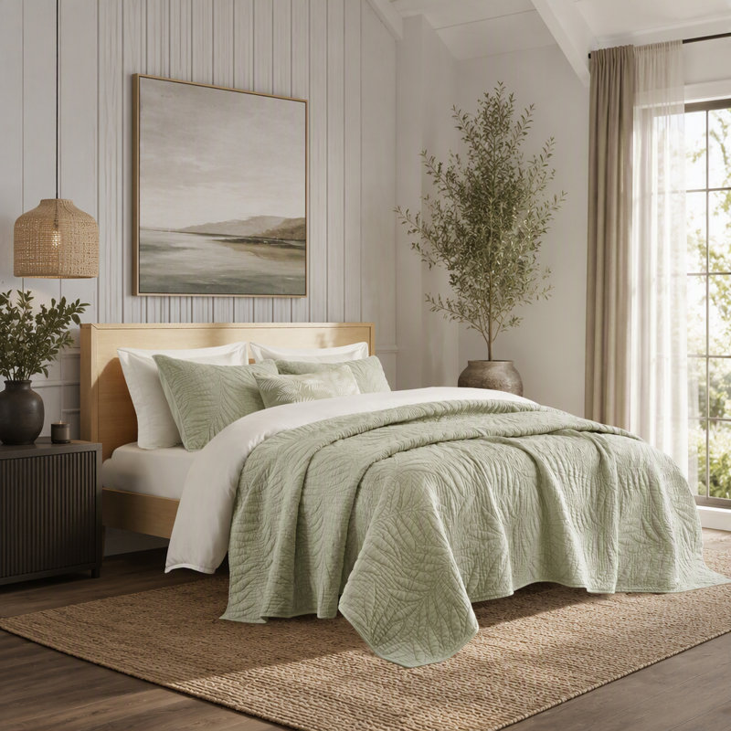 Full Queen 3 Piece Cotton Quilt Set 92 x 92 Inch Quilt 20 x 26 Inch Shams, Sage