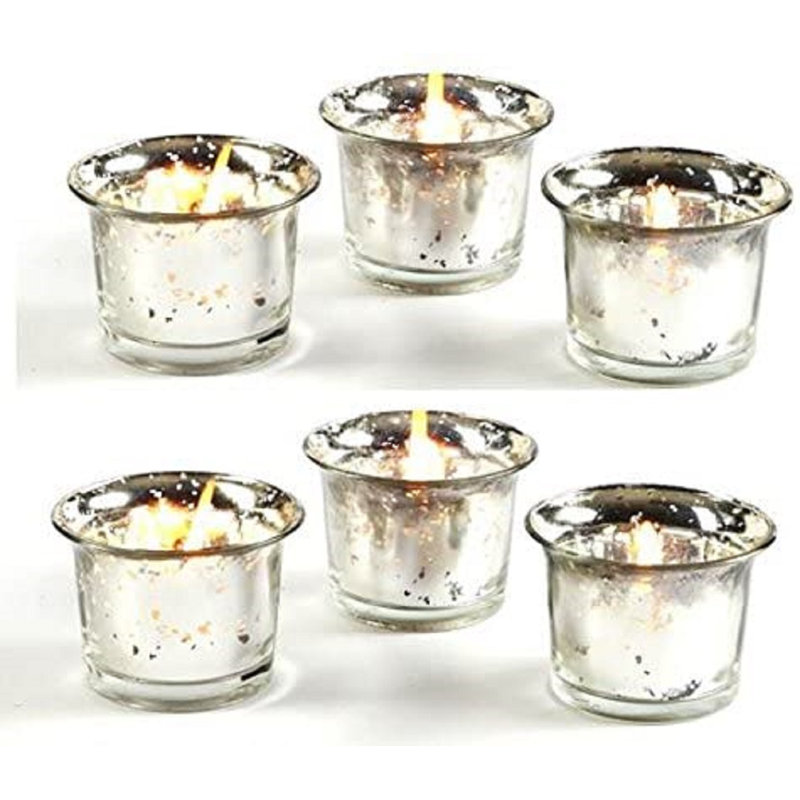 Set of 6 Metallic/Antique Finish Glass Candle Tealight Holders. Ideal Gift for Wedding Bridal Party Reiki LED Votive Tea Light Gardens O4 (Antique Silver)