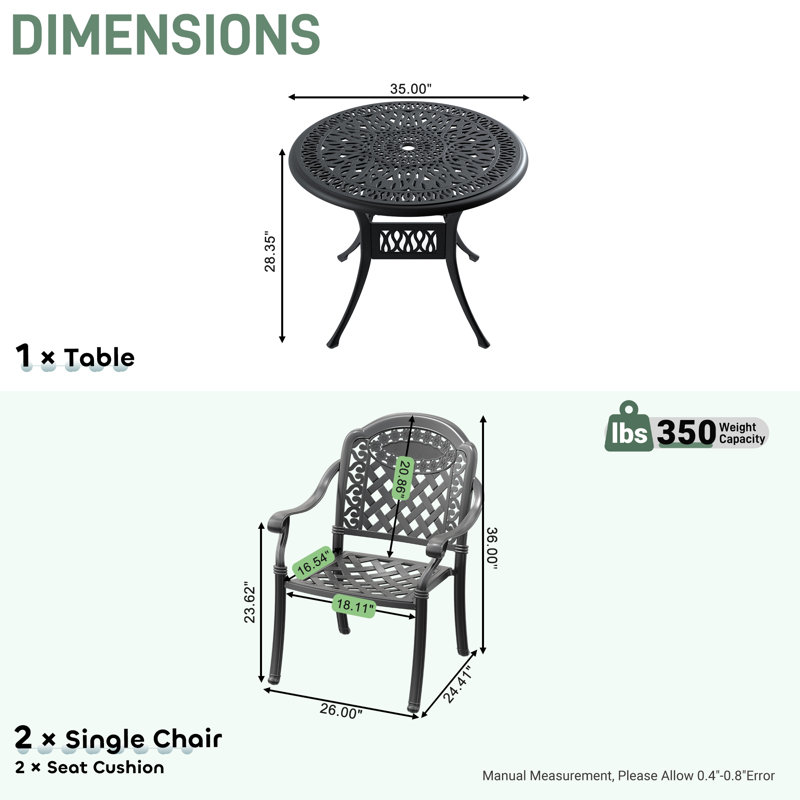  Ensemble repas de patio avec table ronde Akiesha, coussins rouges inclus, P 16,54 po x l 25,98 po x H 35,83 po, 2