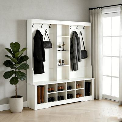 Hall Tree With Bench And Shoe Storage, 3-In-1 Entryway Organizer With Adjustable Compartments And Hooks