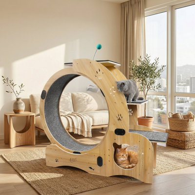 Eliath 42.15'' H Cat Tree with running wheels and treads, toys, feeding bowl