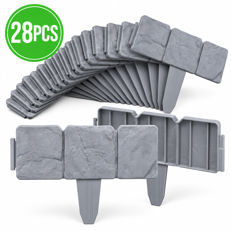 28-Piece Faux Stone Garden Edging Border Set, Gray Stake-In Landscape Fence for Flower Beds, Gray