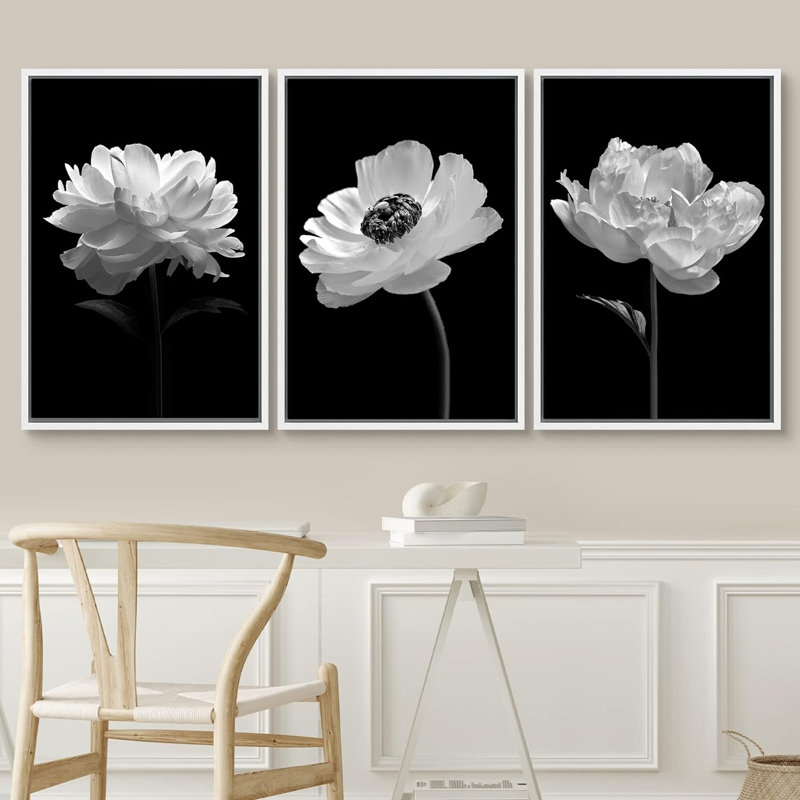 "Flower Blossom" noir et blanc coquelicot et œillet, nature morte, impression sur toile, 3 pièces, Blanc