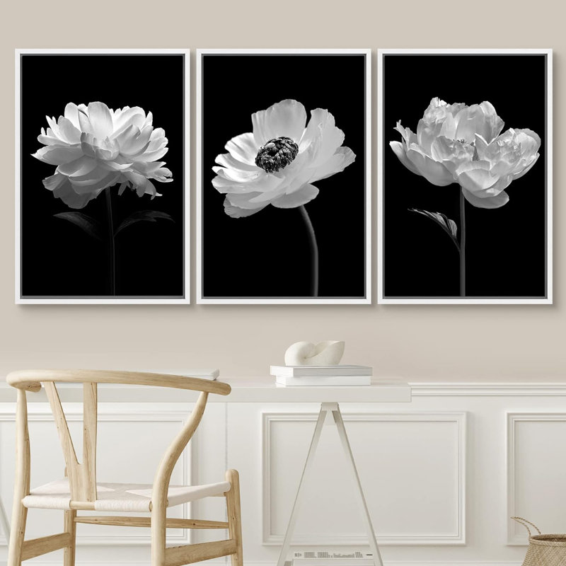 "Flower Blossom" noir et blanc coquelicot et œillet, nature morte, impression sur toile, 3 pièces, Blanc
