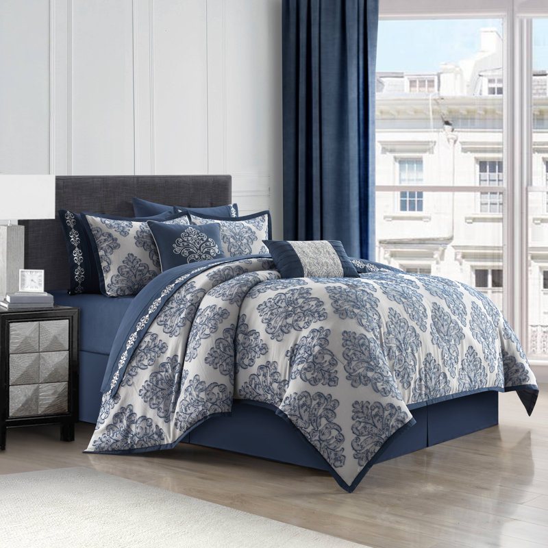 Lubava 10 Piece Damask Comforter Set, Cal. King Comforter + 7 Additional Pieces 
