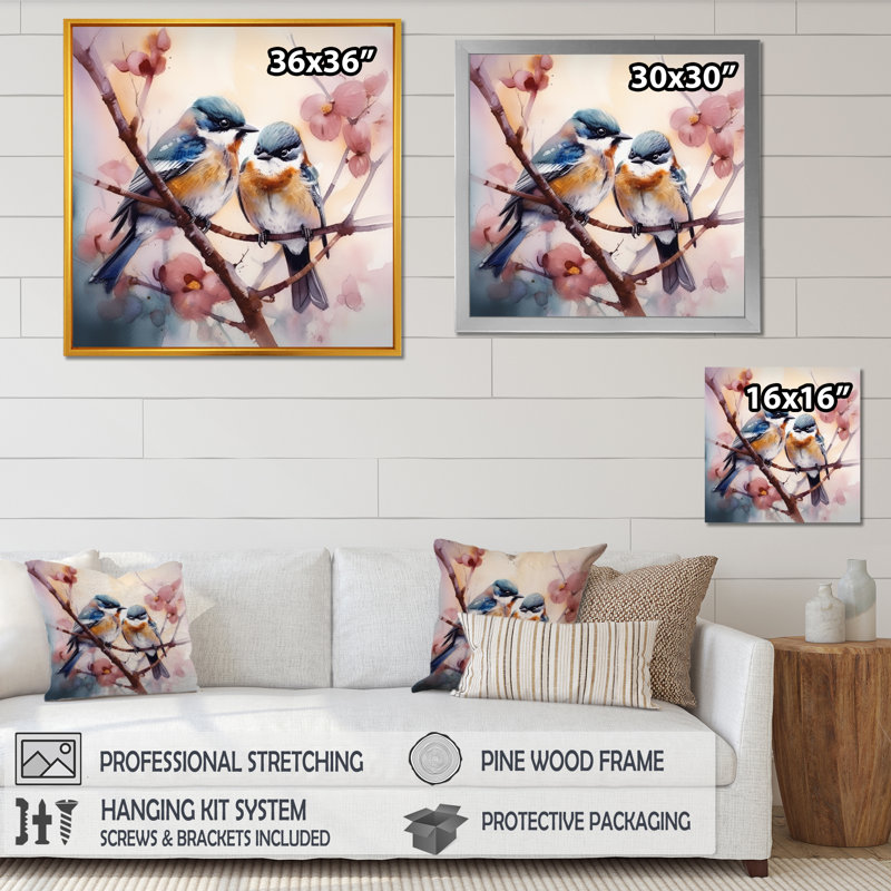 Deux oiseaux bleus sur un arbre fleuri I - animaux, impressions florales sur toile, H 36 po x l 36 po x P 1,5 po