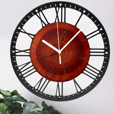 10" Round Iron Wall Clock with Silent Quartz Movement, Roman Numerals, UV-Printed Design