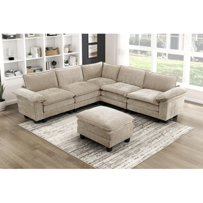 Canapé modulaire moderne avec repose-pieds 6 pièces en tissu taupe ultra-confortable et fabrication en contreplaqué robuste