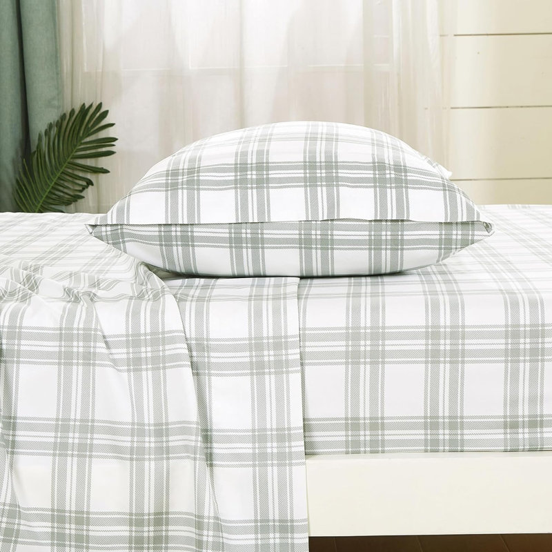 Gray and White Plaid Queen Microfiber Deep Pocket Sheet Set
