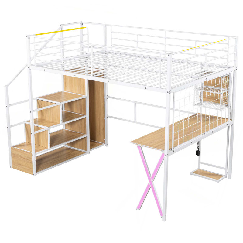 Lit mezzanine en métal avec poste de travail intégré, garde-robe, escalier de rangement et DEL, Lit double