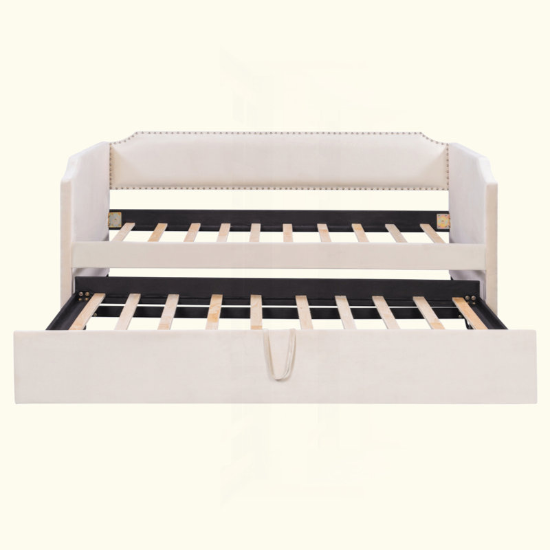 Velvet Upholstered Daybed With Pop Up Trundle, Beige