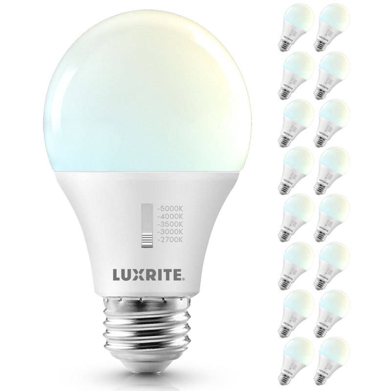 Ampoule DEL Luxrite A19 100W CRI90, 5CCT sélectionnable 2700K-5000K, à intensité variable, ampoules DEL standard, titre E26 CA20, ETL énuméré