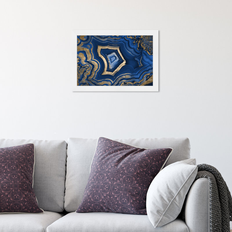 «Blue and Gold Abstract Geode» par Oliver Gal - reproduction, H 12 po x l 12 po, Cadre blanc