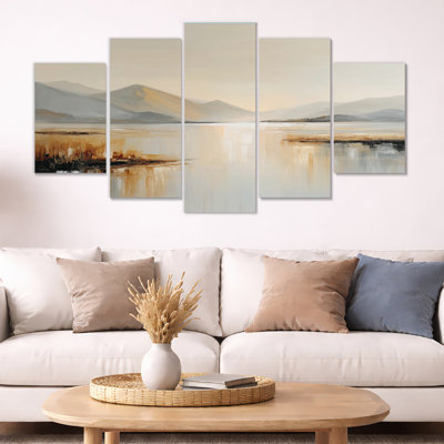 «Brown Grey Sunset Over Flathead Lake - Montana», art mural grand paysage, impression sur toile 5 panneaux