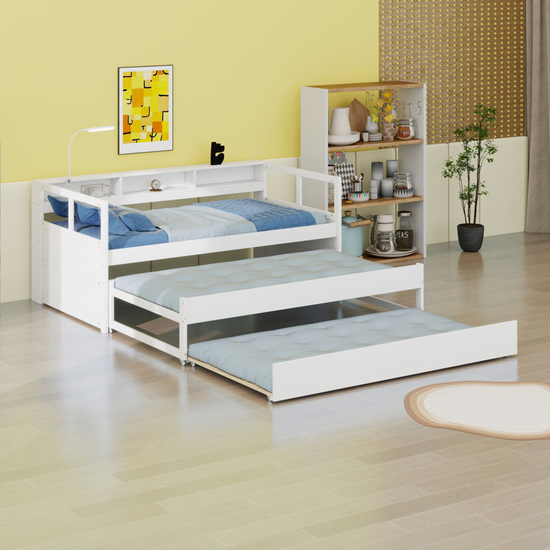 Wood Daybed With 2 Trundles, Storage Shelves, 1 Light For Free And USB Charging Design, White