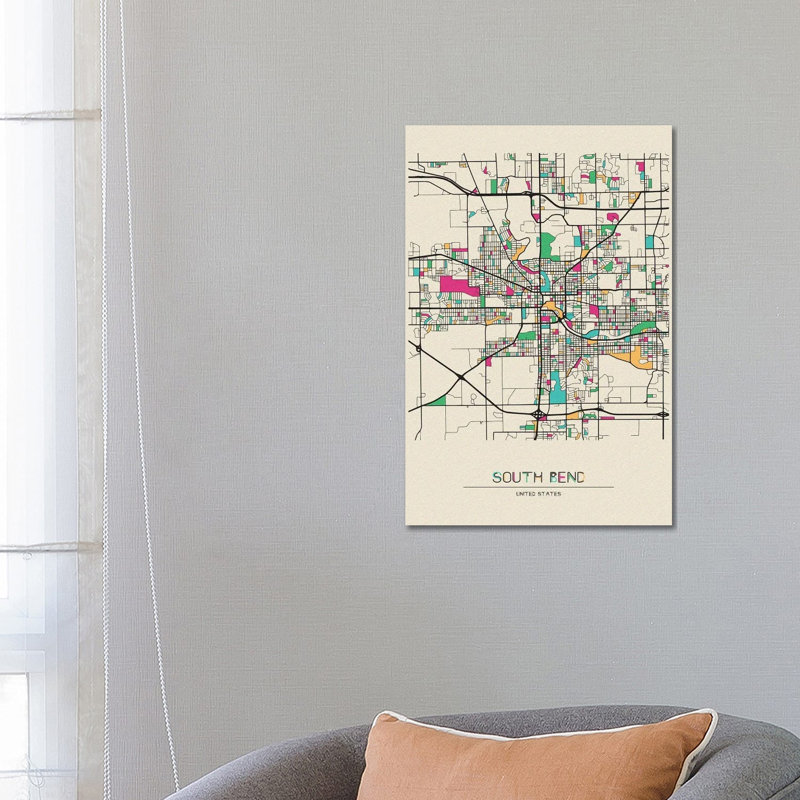 South Bend, Indiana Map by Ayse Deniz Akerman - Wrapped Canvas Gallery-Wrapped Canvas Giclée