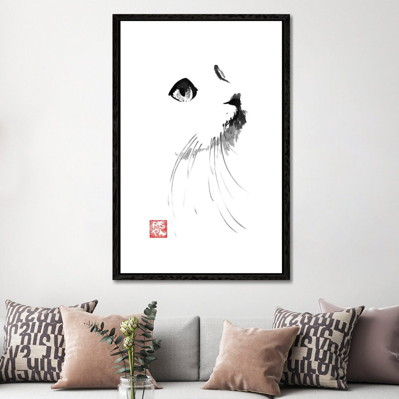 Cat In White by Péchane - Print on Canvas, Black Framed, 101.6 cm H x 66.04 cm W x 3.175 cm D