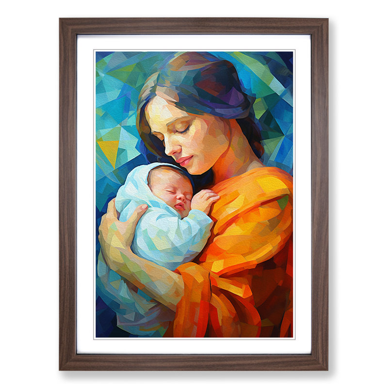 XYZ-FRM-V1223-4566 Mother And Baby Modern - Single Picture Frame Print on Wood, Walnut , 64cm H x 46cm W x 2cm D