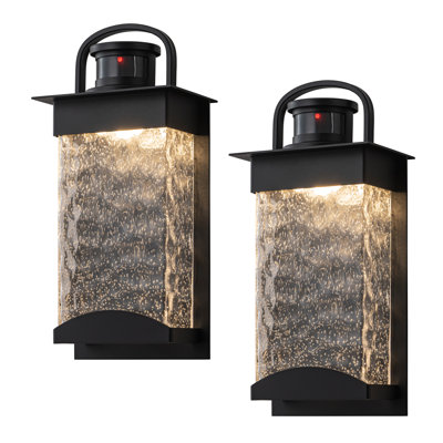 Black Motion Sensor Dusk To Dawn Outdoor Wall Lantern Sconce With Bubbled Water Glass (2-pack)