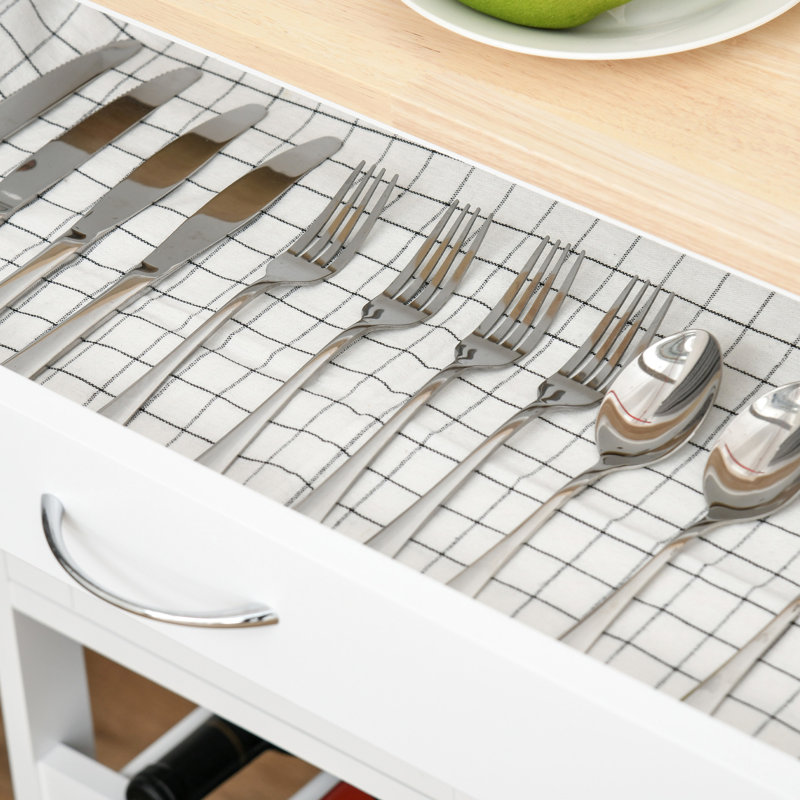 Îlot de cuisine Ferrer avec porte-bouteilles et rangement spacieux - Fonction pratique à roulettes blanches