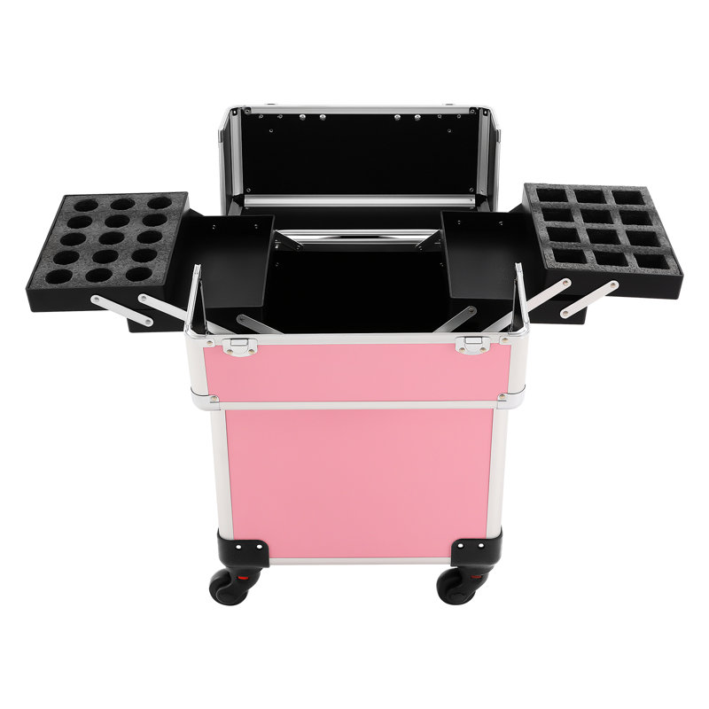 Valise de maquillage à roulettes rose, organisateur de beauté avec clés, idéale pour les maquilleurs et prothésistes ongulaires.