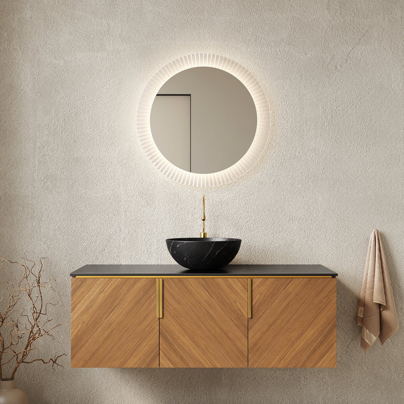 Rangement flottant pour salle de bain 48 po avec lavabo en céramique noir, comptoir en pierre frittée, finition chêne brun, 3 portes et meuble-lavabo à fermeture en douceur silencieuse - conception de porte, grand assemblage facile