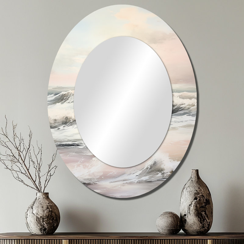 Beige Pink Minimalism Tranquil Whispers I - Modern Oval Wall Mirror, 40" x 30"