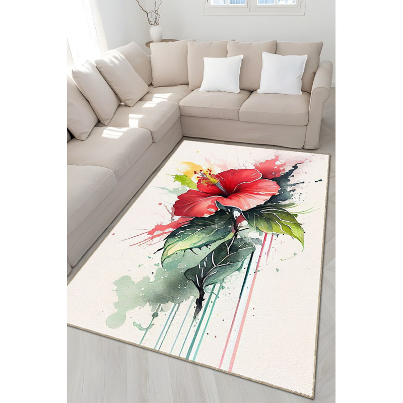 Tapis décoratif moderne à motif floral rouge à motif floral lavable à la machine, Sous-tapis carré 3 pi 3 po inclus