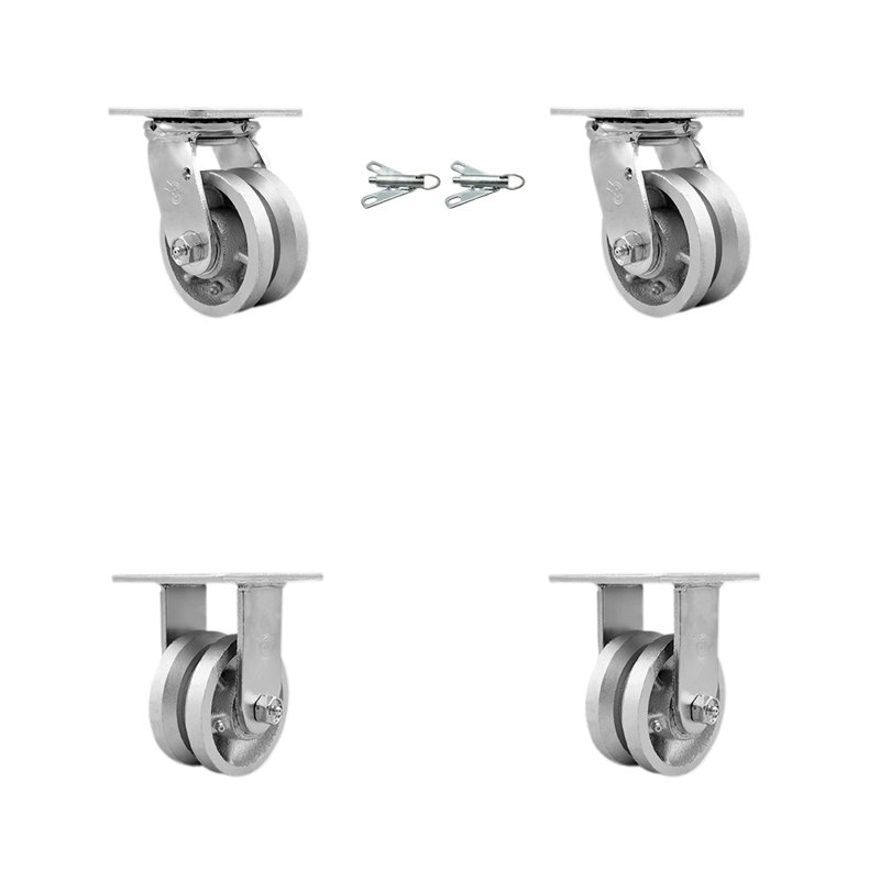 4 Inch V Groove Semi Steel Caster Set with Roller Bearings 2 Swivel Lock 2 Rigid|SCC-30CS420-VGR-BSL-2-R-2