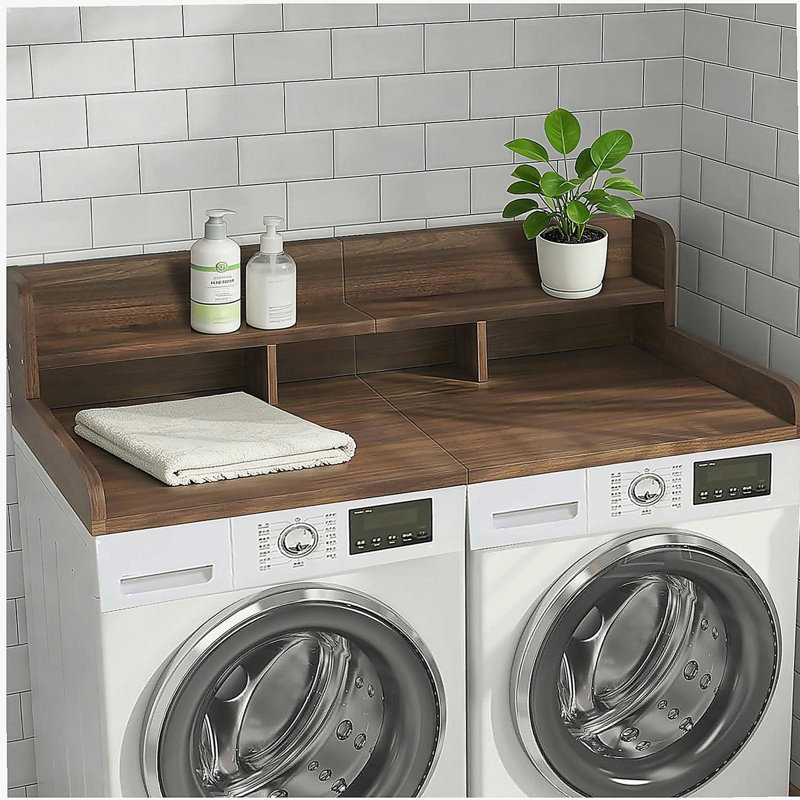 Washer Dryer Countertop with Non-slip Pads, Laundry Wood Shelf Topper with Edge, 54" Width x 27.5" Depth Double Layer Organizer for Washer and Dryer Laundry Hamper Counter Storage Organization (DW)