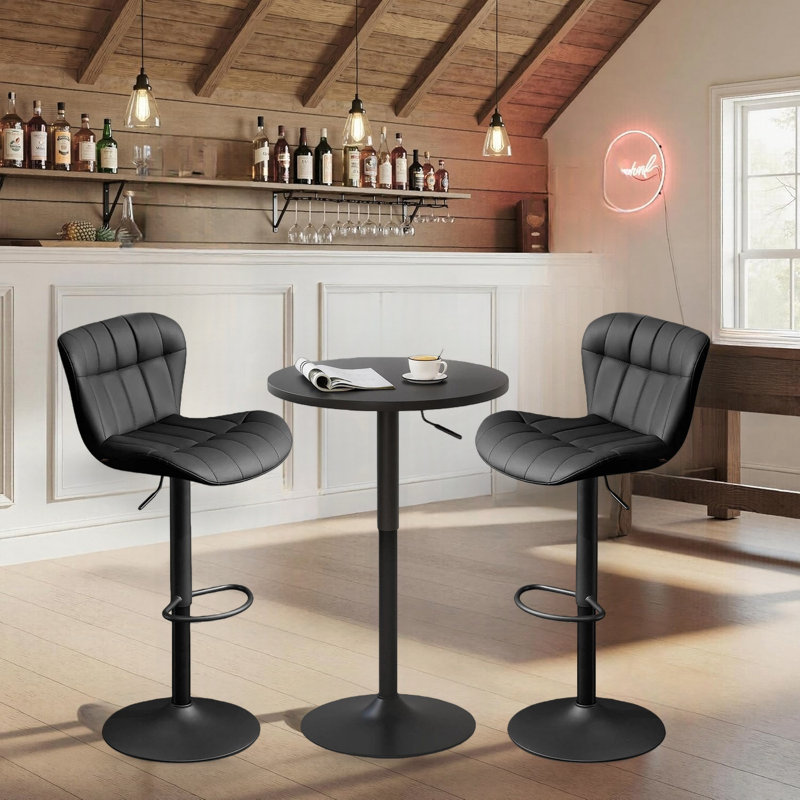 3 Piece Height-adjustable Pub Table And Leathered Pedestal Bar Stool Dining Set, Black