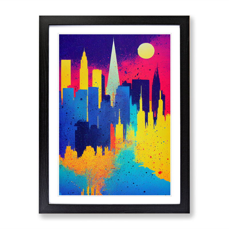 Colourful City Skyline No.1 - Painting, 66cm H x 48cm W x 2cm D, Black Framed, White
